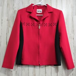 Kari's Korner Vintage Red Black Zip Up Shoulder Pads Blazer Jacket Size 8